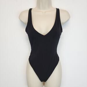 Leith Black Sleeveless Bodysuit Size XS V-neck Thong Stretch Chic Minimalist